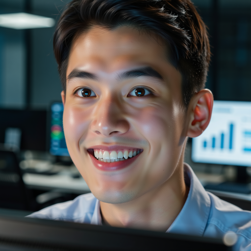三十五岁左右男性,穿休闲衬衫,短发,专注工作状态,背景科技感